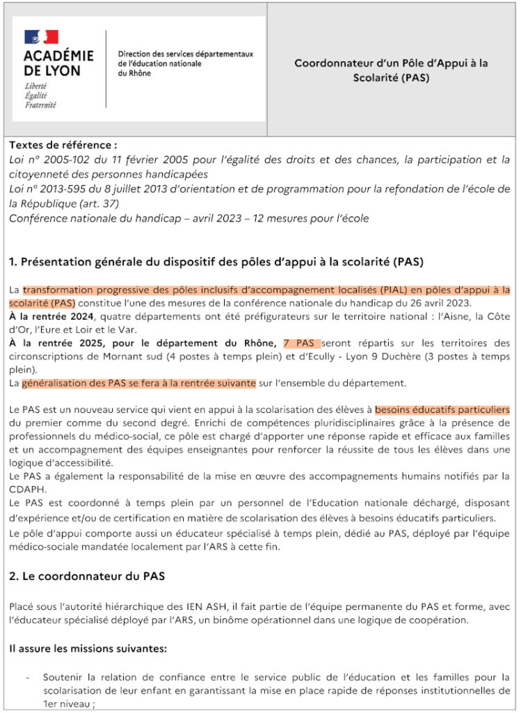 1ere page de la fiche de poste d'un coordonnateur de PAS
