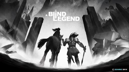 Visuel de A Blind Legend représentant un chevalier à pied et sa monture sur laquelle se trouve une mystérieuse silhouette...