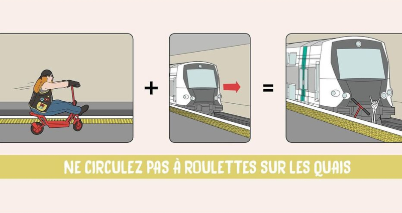 Affichette de la RATP montrant un cycliste roulant sur un quai puis chutant sur la voie au moment de l'arrivée d'un train