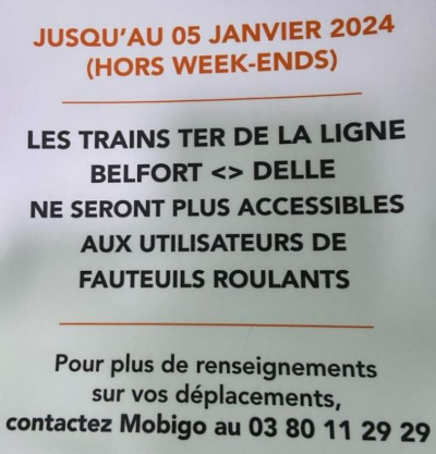 Affichette interdisant une ligne TER du Territoire de Belfort aux clients en fauteuil roulant