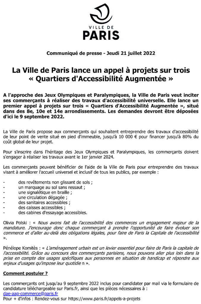 Appel à projets de mise en accessibilité des commerces dans les QAA des 8e, 10e et 14e arrondissements