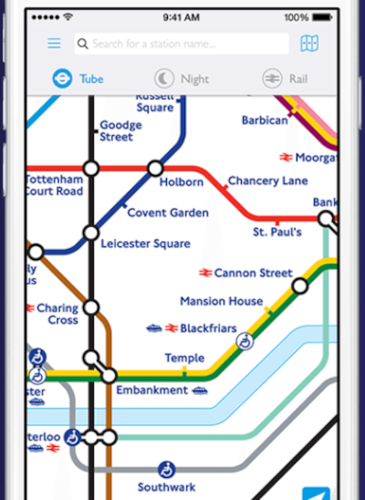 Appli mobile du métro de Londres montrant les stations accessibles