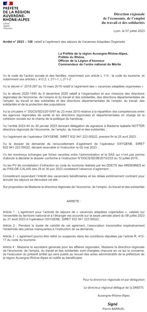 Arrêté préfectoral du 7 juillet 2023 délivrant un agrément provisoire à la société de VAO Oxygène