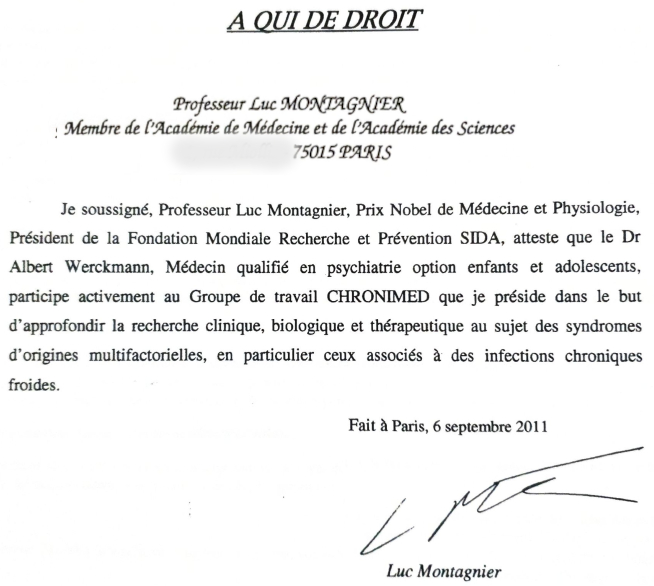 Attestation signée par le Professeur Luc Montagnier pour Une