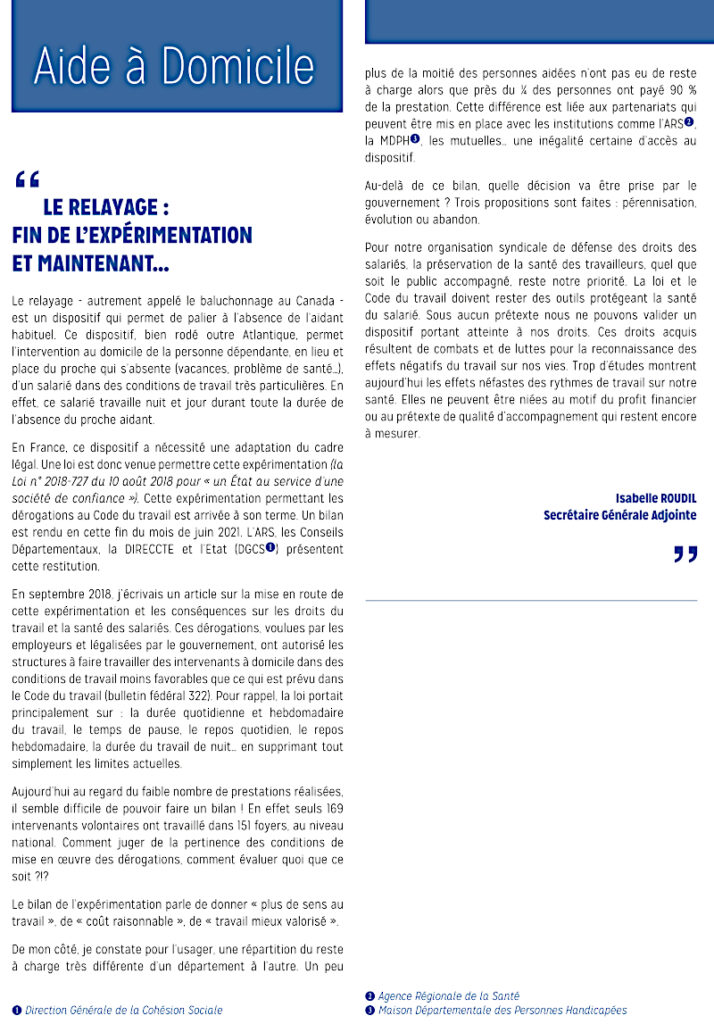 Avis de Force Ouvrière Action Sociale sur le relayage, dans son bulletin trimestriel de juillet 2021