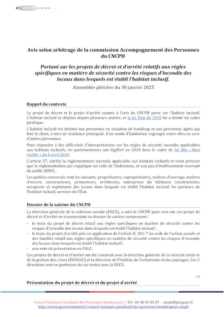 Avis de la commission Accompagnement des Personnes du CNCPH sur le projet d'arrêté relatif au logement inclusif