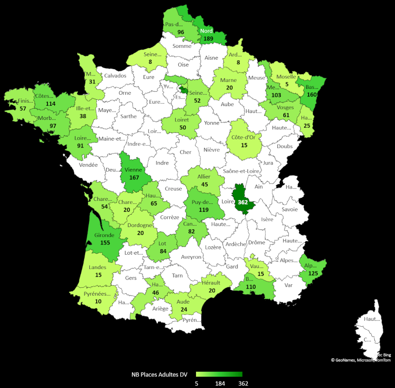 Carte de France des départements comptant des structures d'aide à l'autonomie de personnes déficientes visuelles, avec leur nombre de places