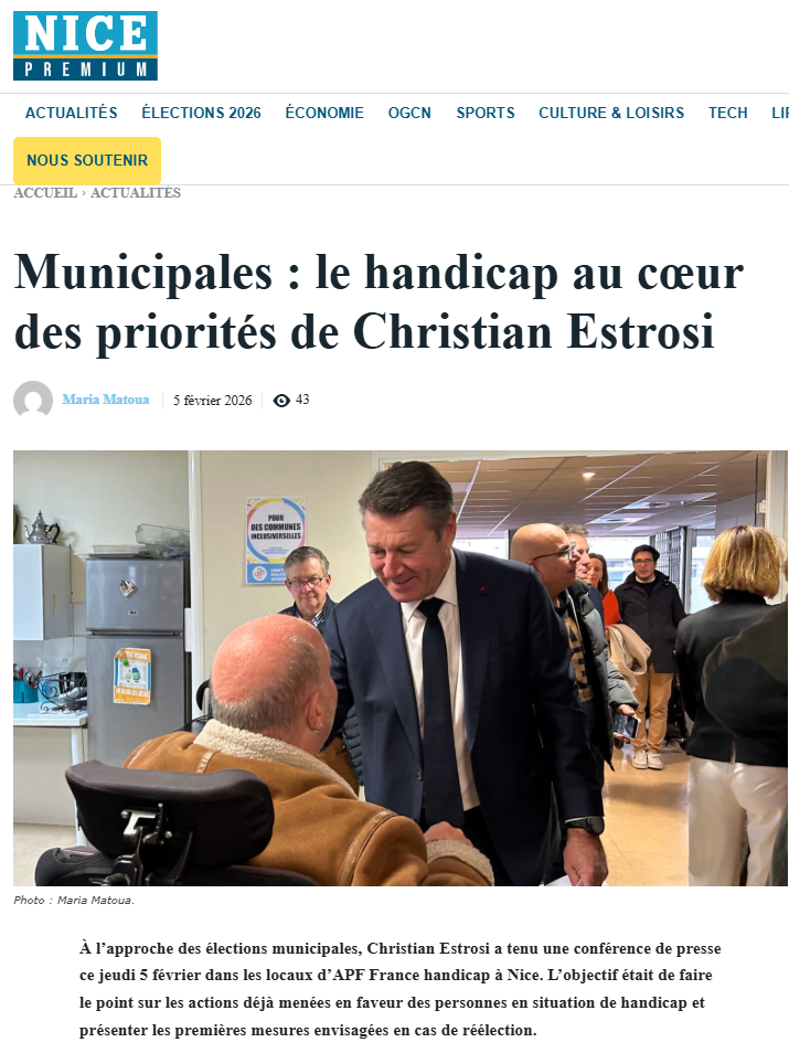 Copie d'écarn de Nice Premium relatant la conférence de presse de Christian Estrosi au sein de l'APF France Handicap