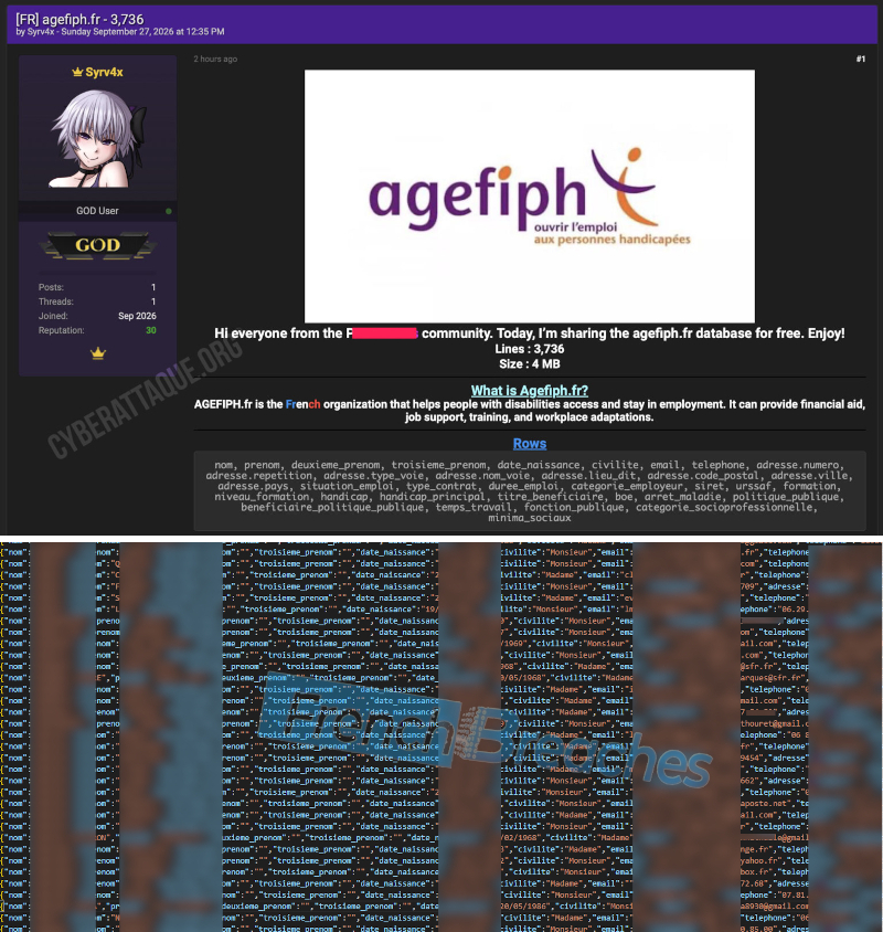 Copie d'écrans de la cyberattaque contre l'Agefiph