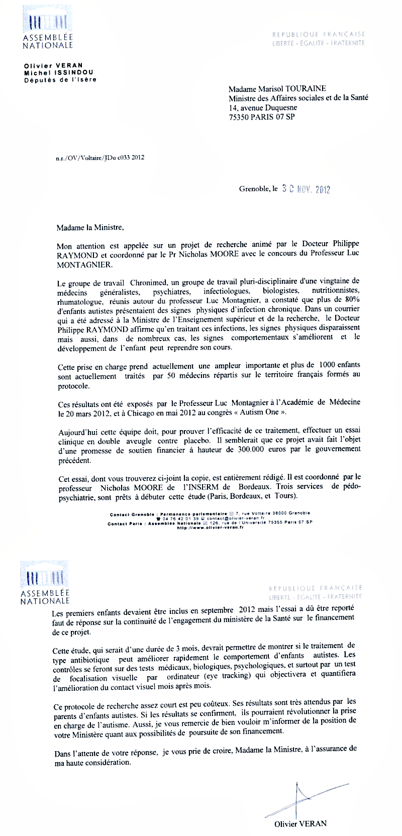 Courrier d'Olivier Veran à la ministre de la Santé en soutien au projet Chronimed