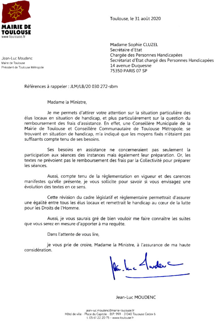 Courrier du 31 août 2020 dans lequel le maire de Toulouse interpelle la ministre chargée des personnes handicapées
