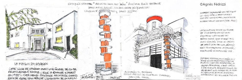 Croquis nomade « architecture Art Déco » sous une pluie battante dans la rue Mallet-Stevens ©Agnès Fédrizzi