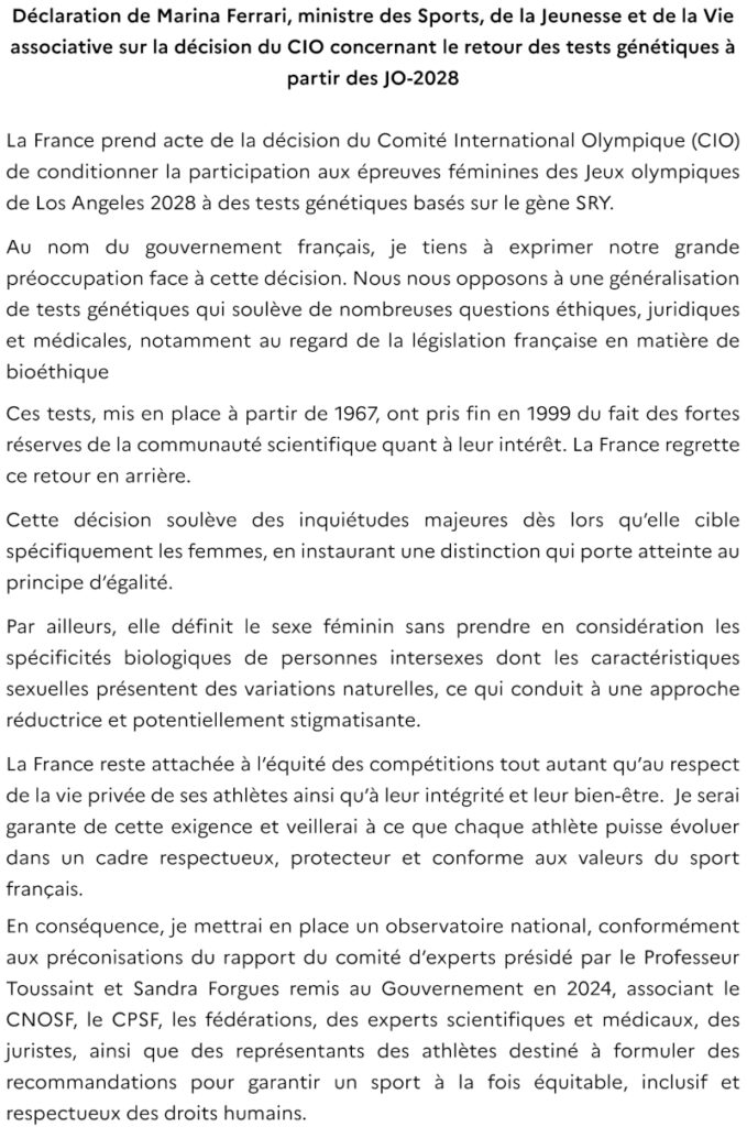 Déclaration de la ministre des sports sur le rétablissement des tests de féminité