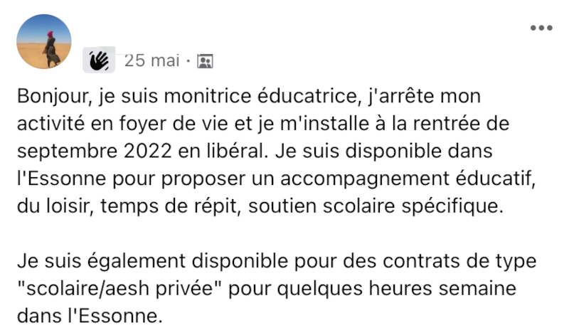 Demande d'emploi AESH privé sur Facebook