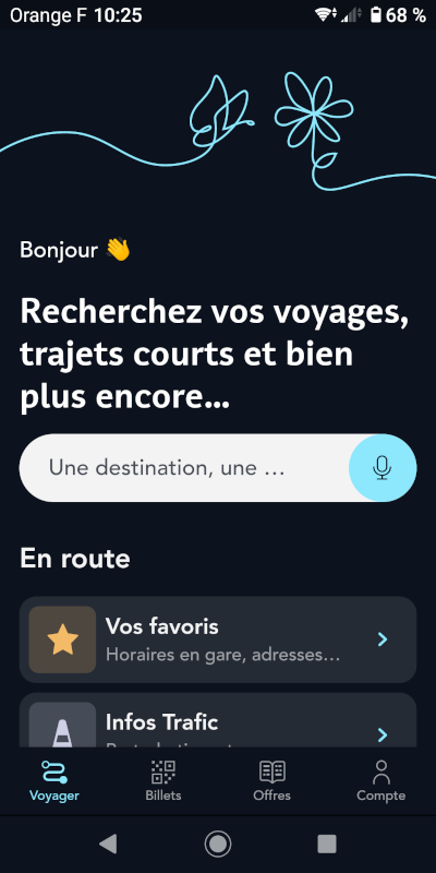 Ecran d'accueil de l'appli SNCF Connect