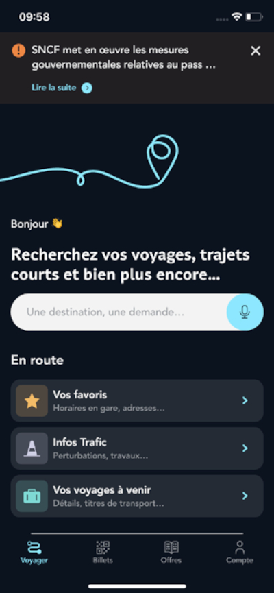Ecran de l'appli SNCF Connect