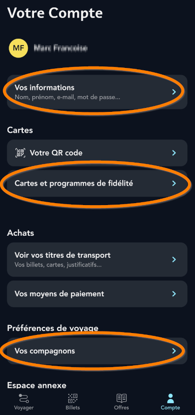 Ecran de paramétrage de SNCF Connect