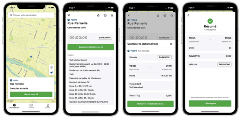Ecrans de l'appli mobile Park Now