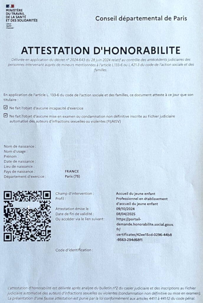 Exemple d'attestation d'honorabilité