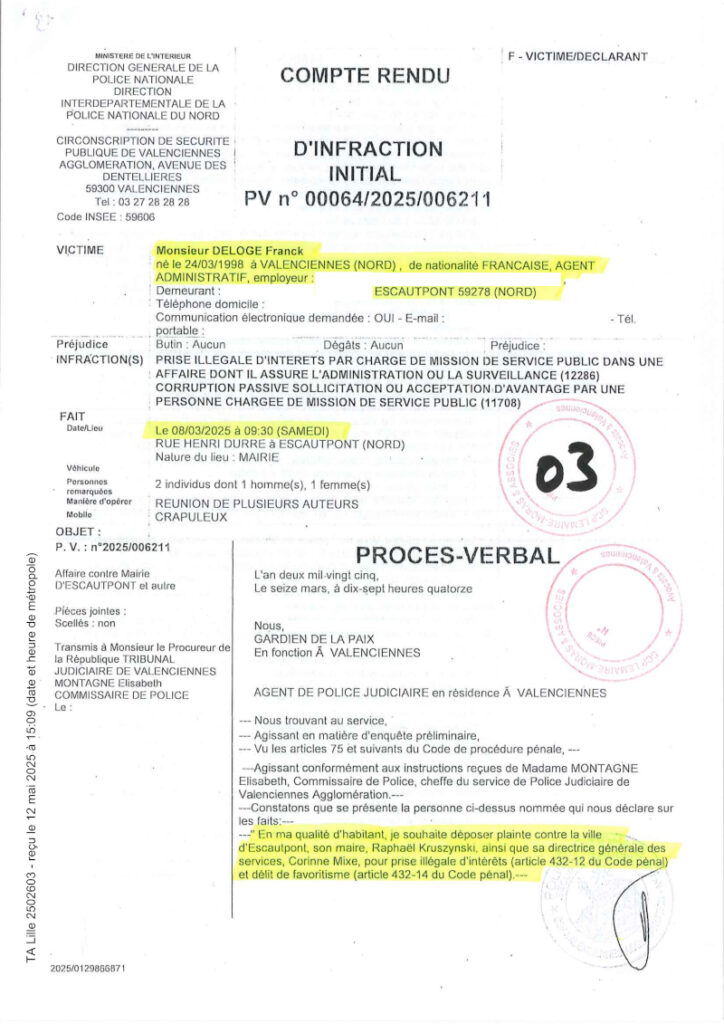 Extrait de la plainte déposée par Franck Deloge