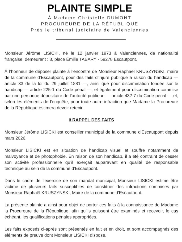 Extrait de la plainte en discrimination déposée par Jérôme Lisicki