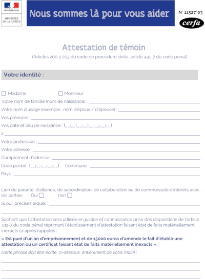 Formulaire d'attestation de témoin