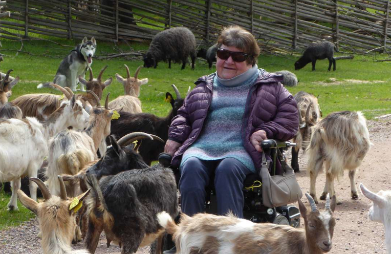 Gisèle Caumont auprès d'animaux de ferme
