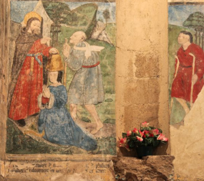 La cloche de Mériadec guérit une femme sourde, peinture murale de l'église Saint-Mériadec-en-Stival (Morbihan)