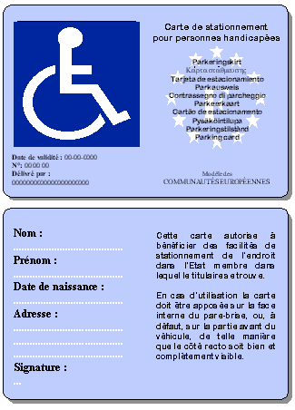 fac-simile de la carte européenne de stationnement pour personnes handicapées
