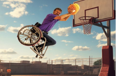 Photographie du calendrier d'Handisport Brest montrant un basketteur en fauteuil roulant sautant en l'air pour marquer un panier avec une citrouille
