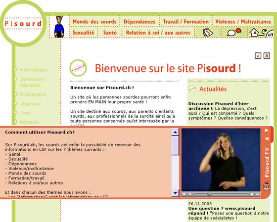 Page d'entrée du site Pisourd avec interface vidéo en langue des signes