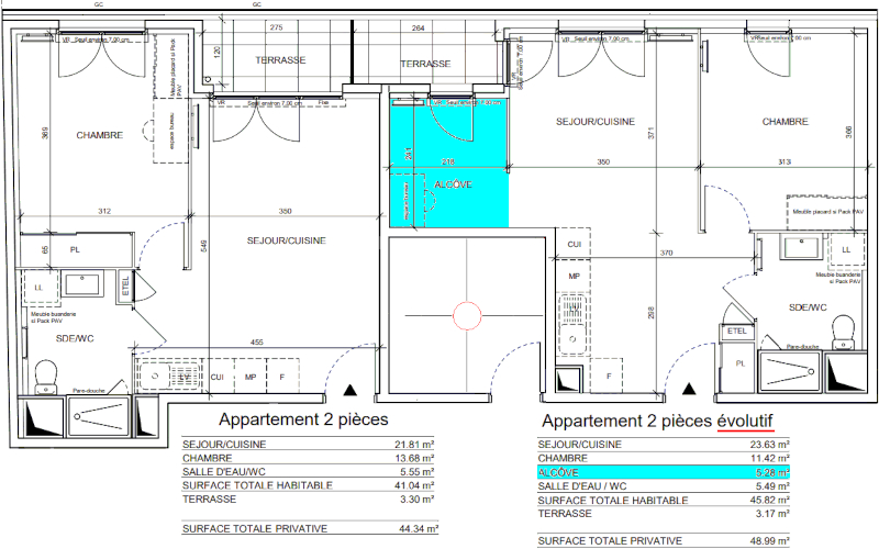 Plans de deux appartements identiques, l'un standard, l'autre évolutif