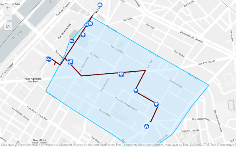 Plan du QAA du 15e arrondissement et de son parcours reliant 12 établissements publics