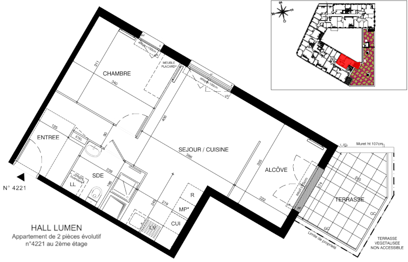 Plan d'un T2 évolutif à salle d'eau et chambre trop petites pour être rendues accessibles, et avec seuil de terrasse de 25cm