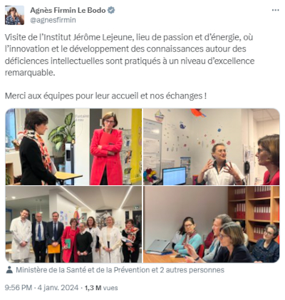 Tweet d'Agnès Firmin Le Bodo vantant les mérites de l'Institut Jérôme Lejeune