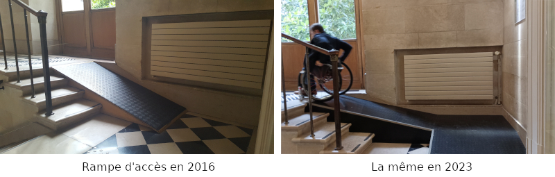 Une rampe hors normes à passer en force dessert le couloir des salles de commissions, à gauche très pentue en 2016 et à droite en 2023 ©Yanous.com