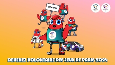 Visuel Devenez volontaire des jeux de Paris 2024, avec les mascottes Phryge